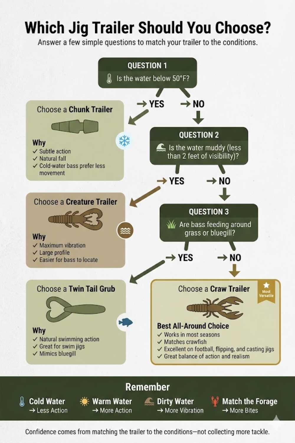 Decision tree showing how to choose the best jig trailer based on conditions