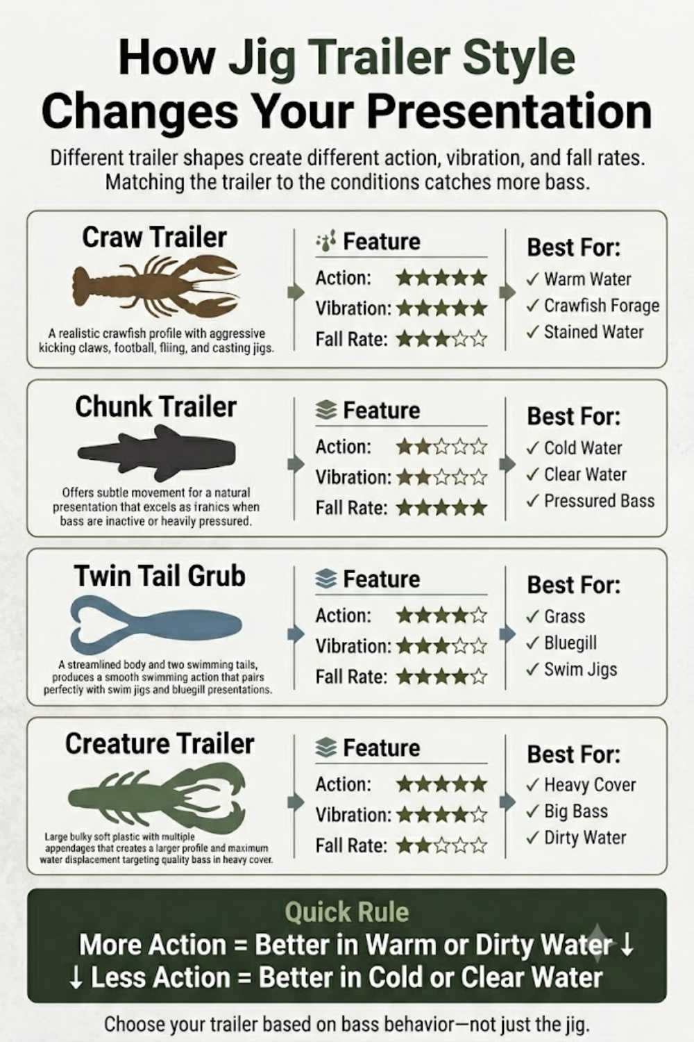 Different bass jig trailers matched to football, flipping and swim jigs