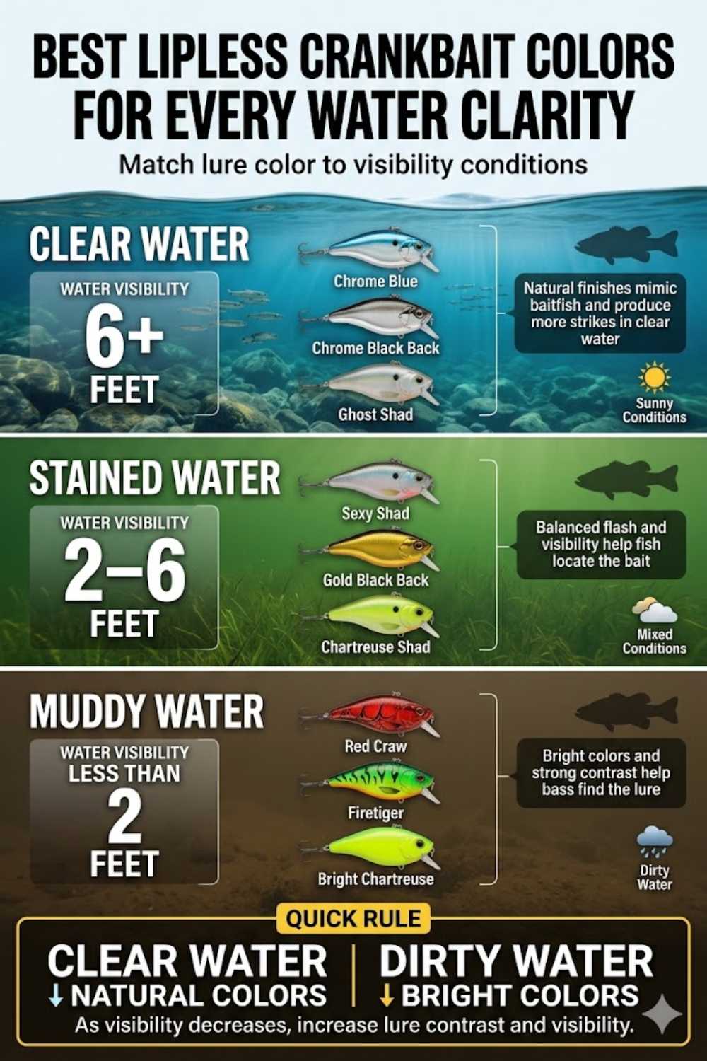Lipless crankbait color selection guide by water clarity for bass fishing