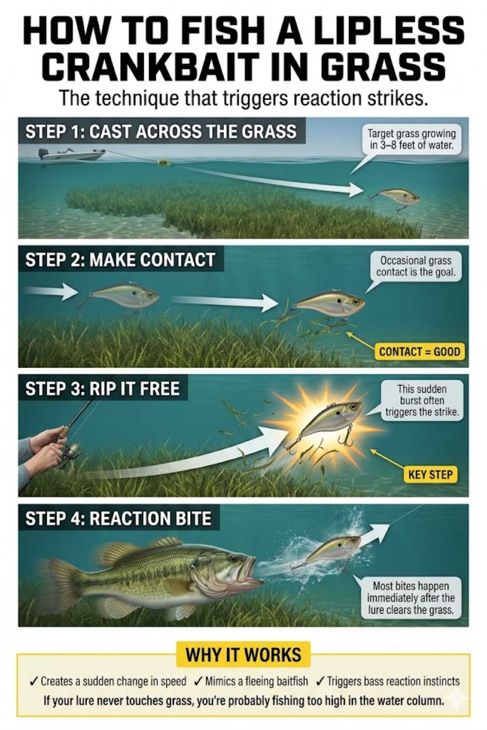 Lipless crankbait grass ripping technique for bass fishing