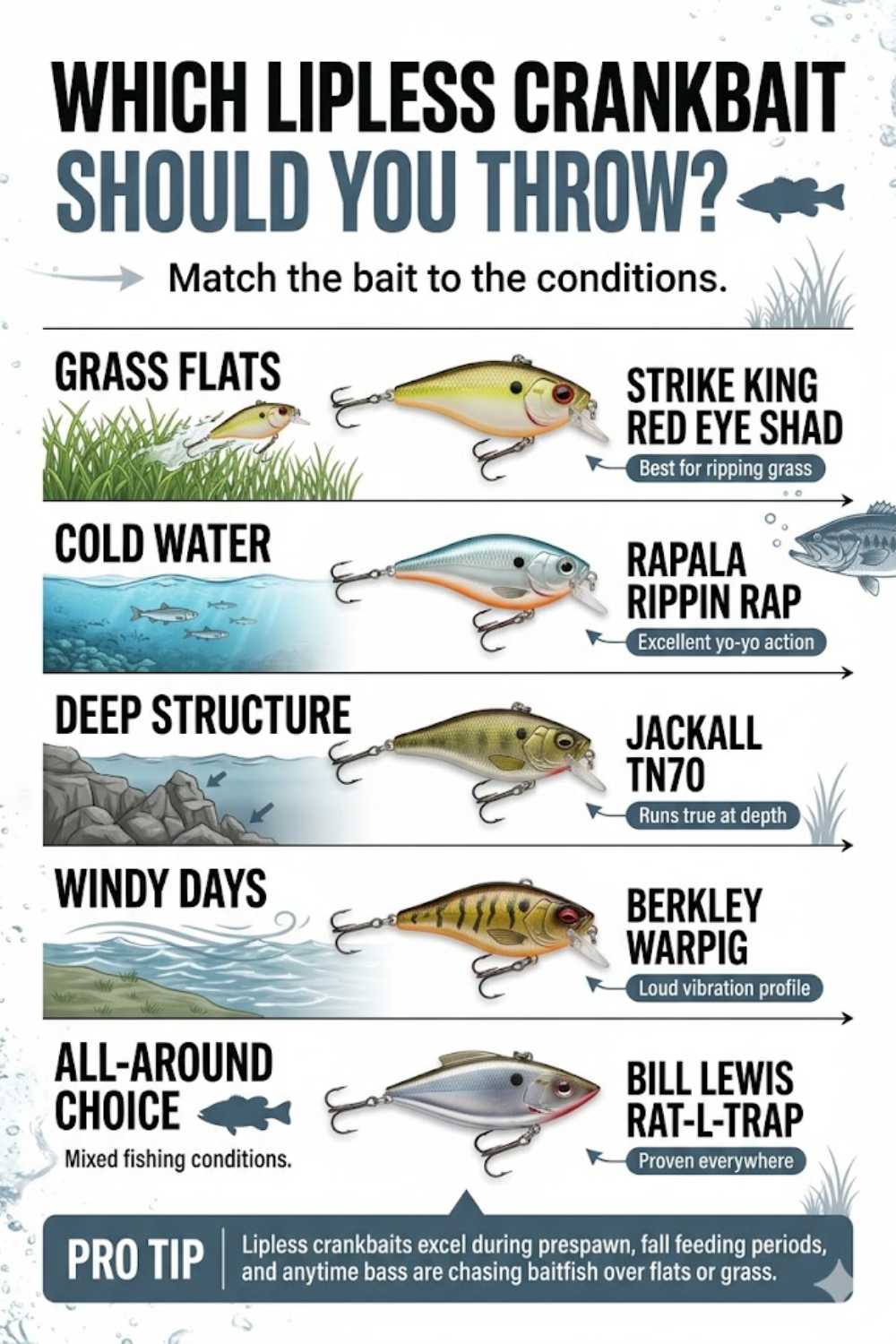 Lipless crankbait selection guide by water condition for bass fishing