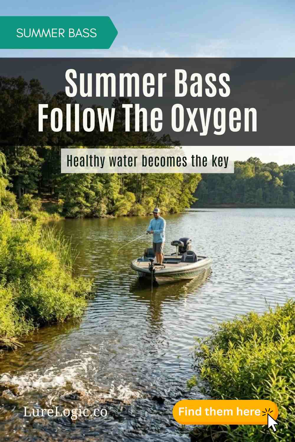 Bass boat fishing near aerated creek mouth during hot summer conditions