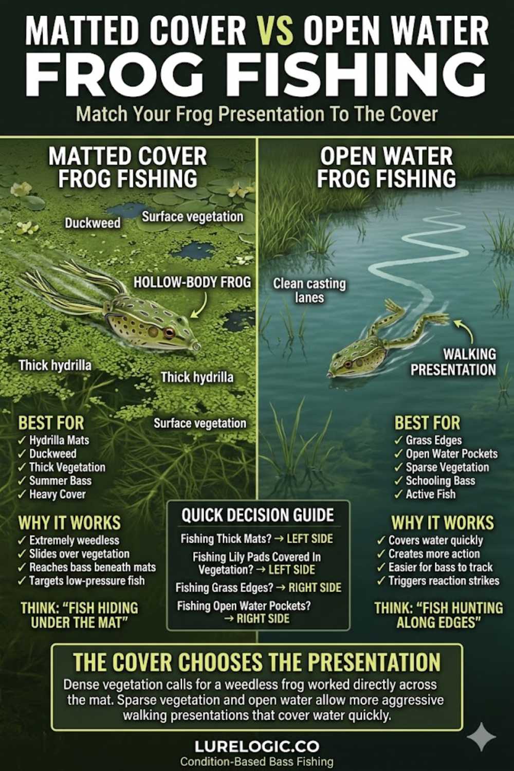 Matted cover versus open water frog fishing conditions for bass