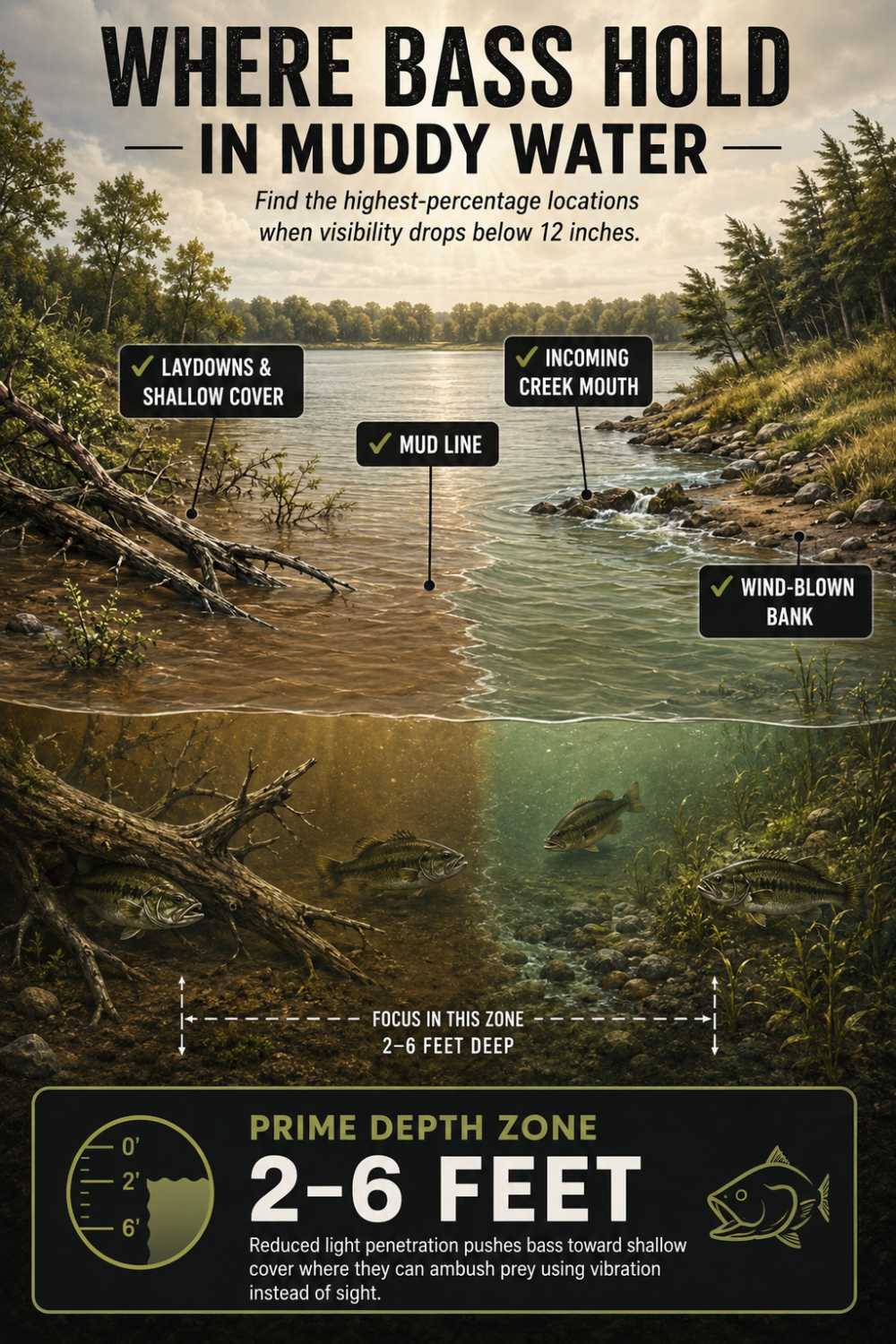 Best locations to find bass in muddy water including shallow cover and mud lines