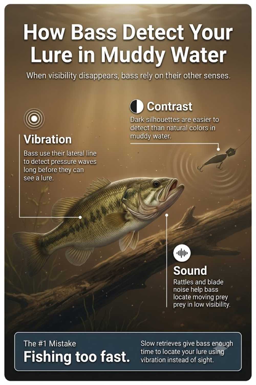 How bass detect lures in muddy water using lateral line vibration and contrast