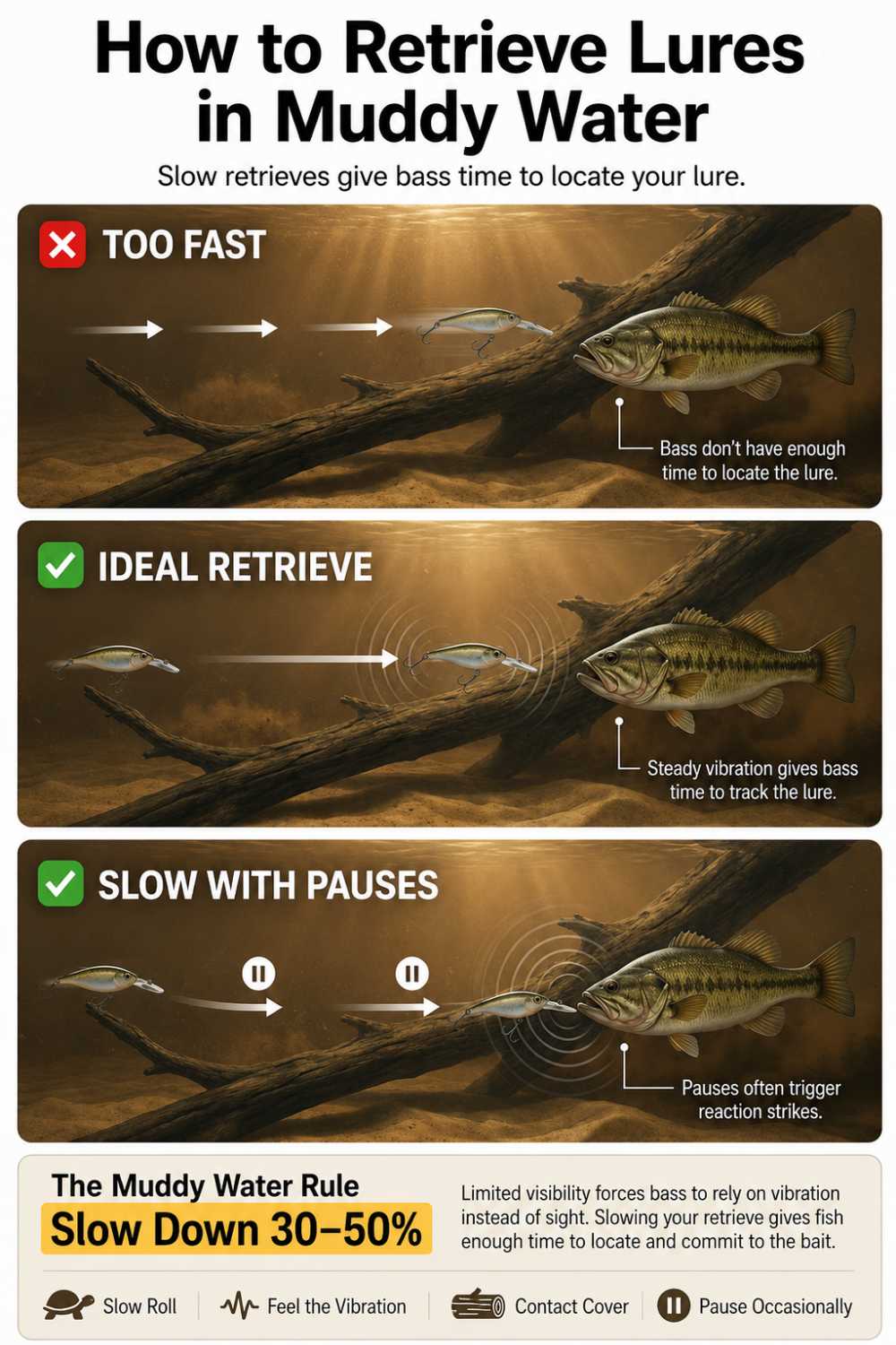 Muddy water bass fishing retrieve speed and cadence adjustments guide