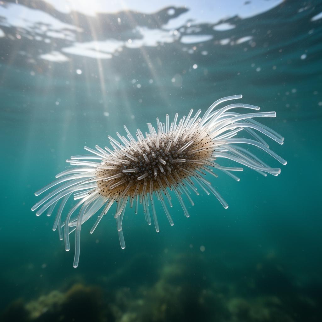 Sea urchin bass bait suspended in clear water — silicone strands fanned out