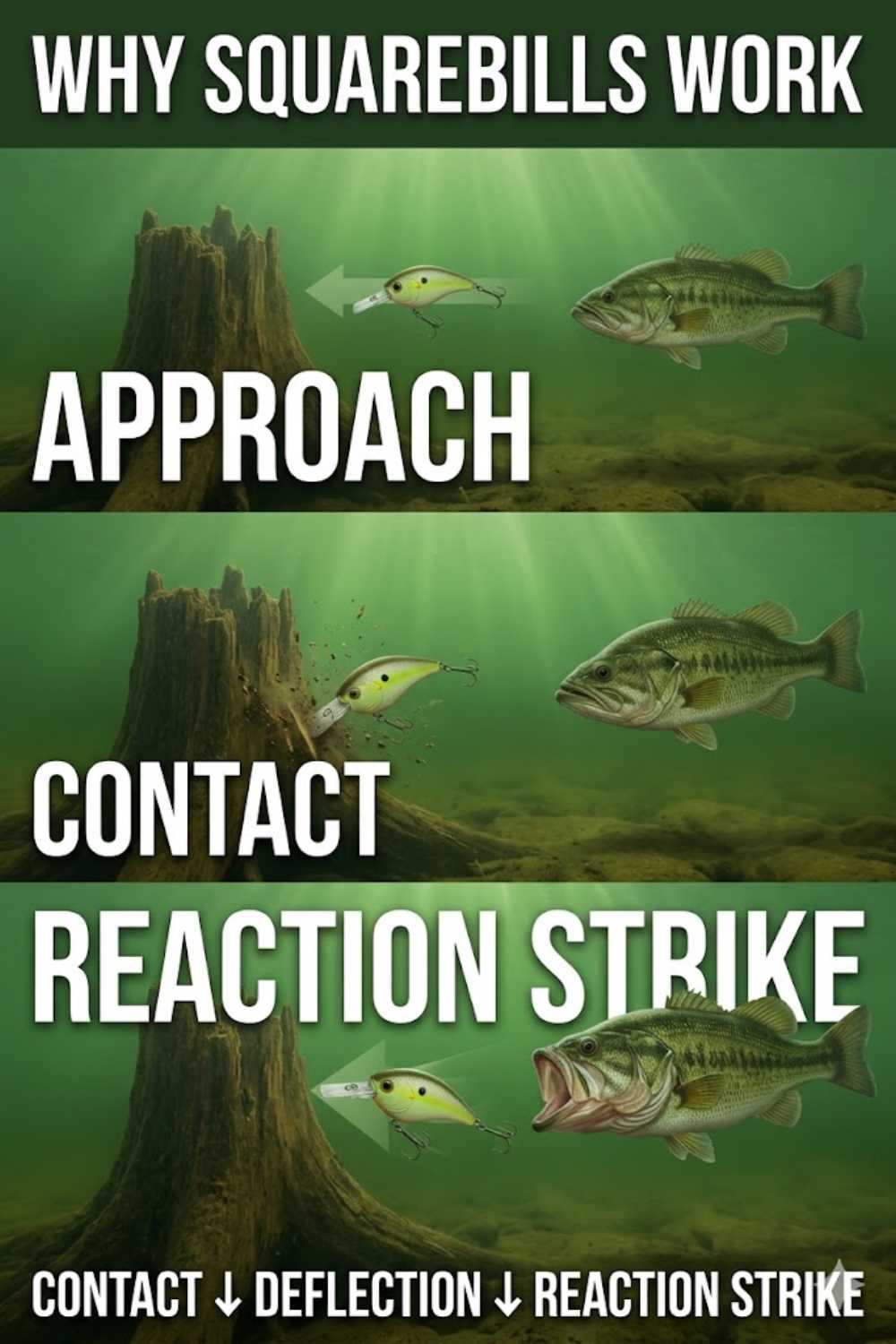 Squarebill crankbait deflecting off shallow cover for bass reaction strikes