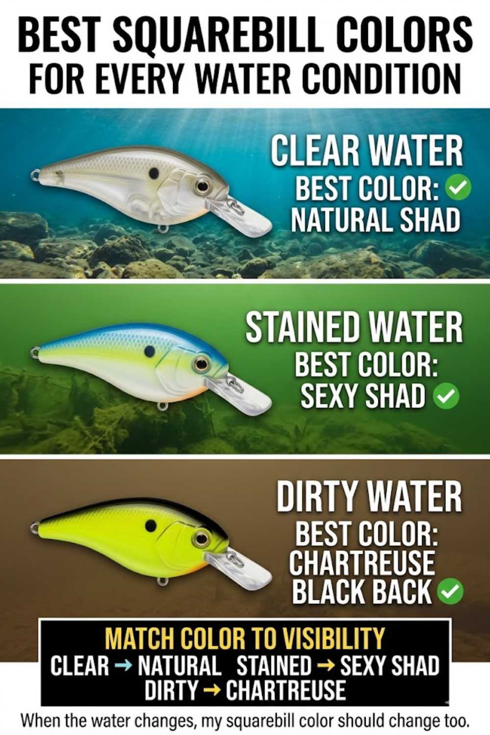 Squarebill crankbait color selection by water clarity for bass fishing