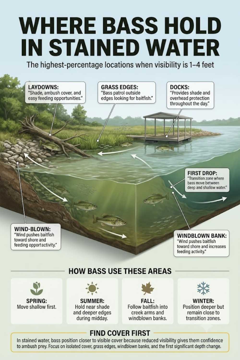 Bass positioning in stained water on shallow and mid-depth cover