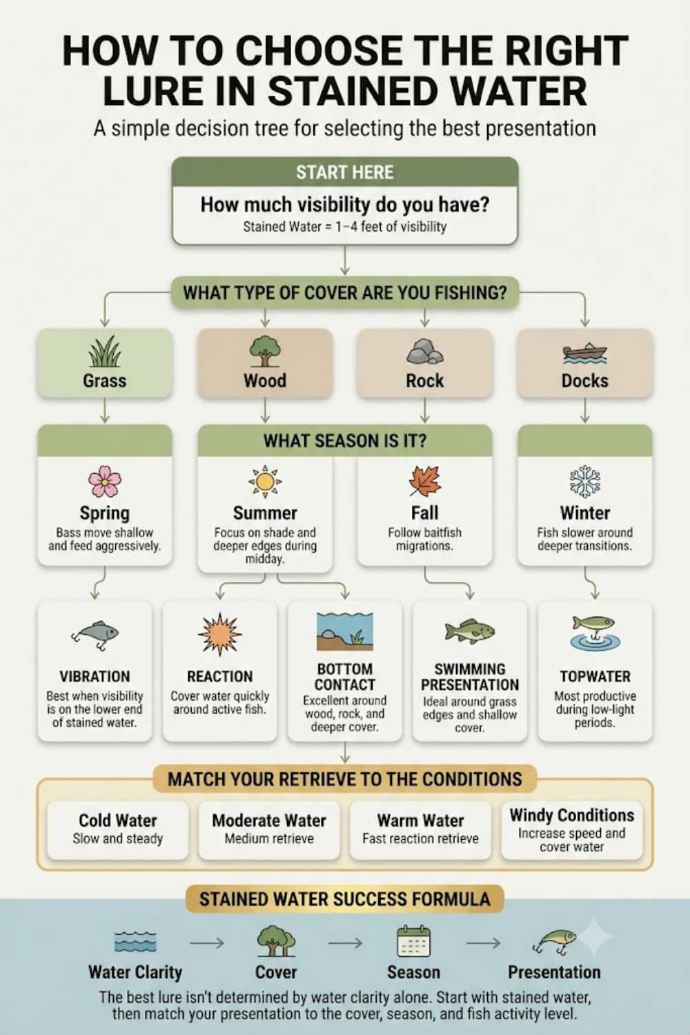 Stained water bass lure decision tree by cover type and season