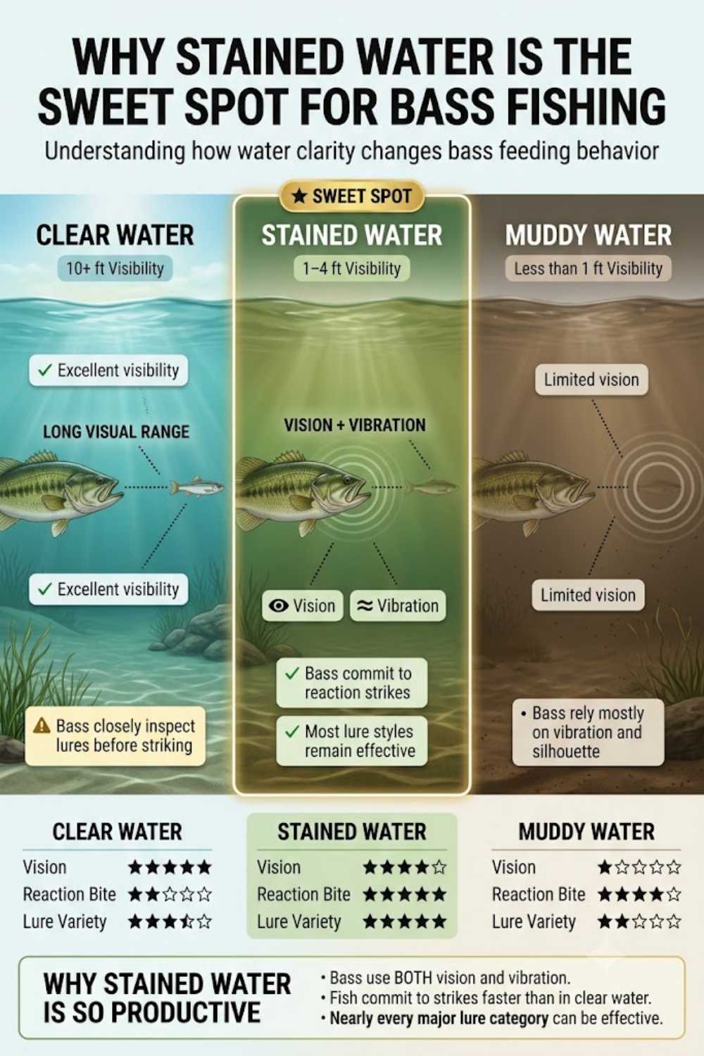 Why stained water is the bass fishing sweet spot for visibility and lure versatility