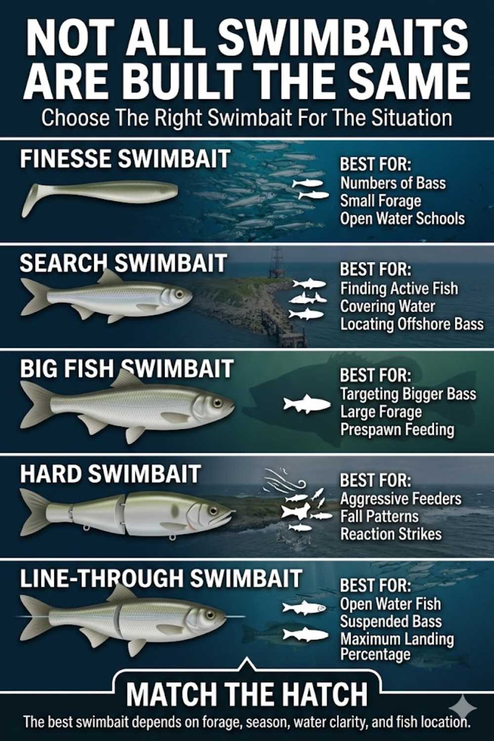 Swimbait category comparison — paddle tails, soft-body trophy swimbaits, hard-body multi-section, and line-through designs