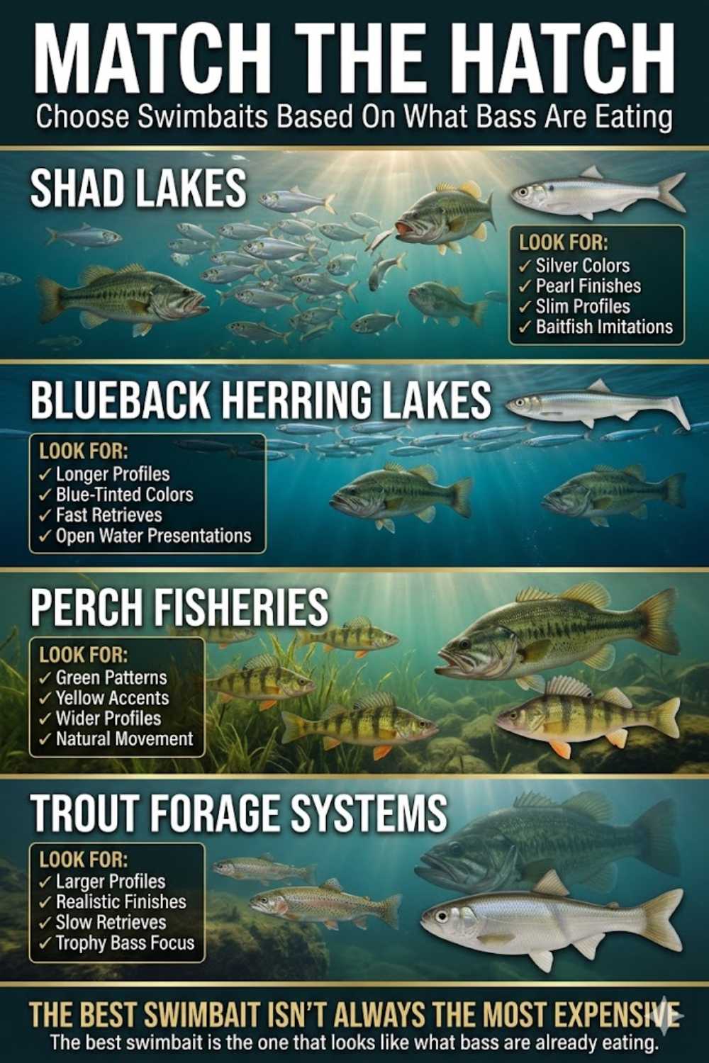 Match-the-hatch swimbait selection — pairing profile and color to shad, herring, bluegill, and trout forage