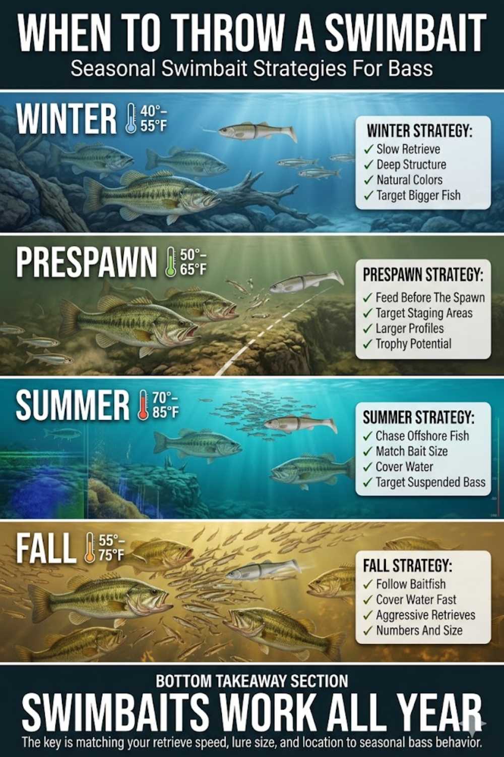 Seasonal swimbait strategy chart — winter, prespawn, spawn, postspawn, summer, and fall presentations