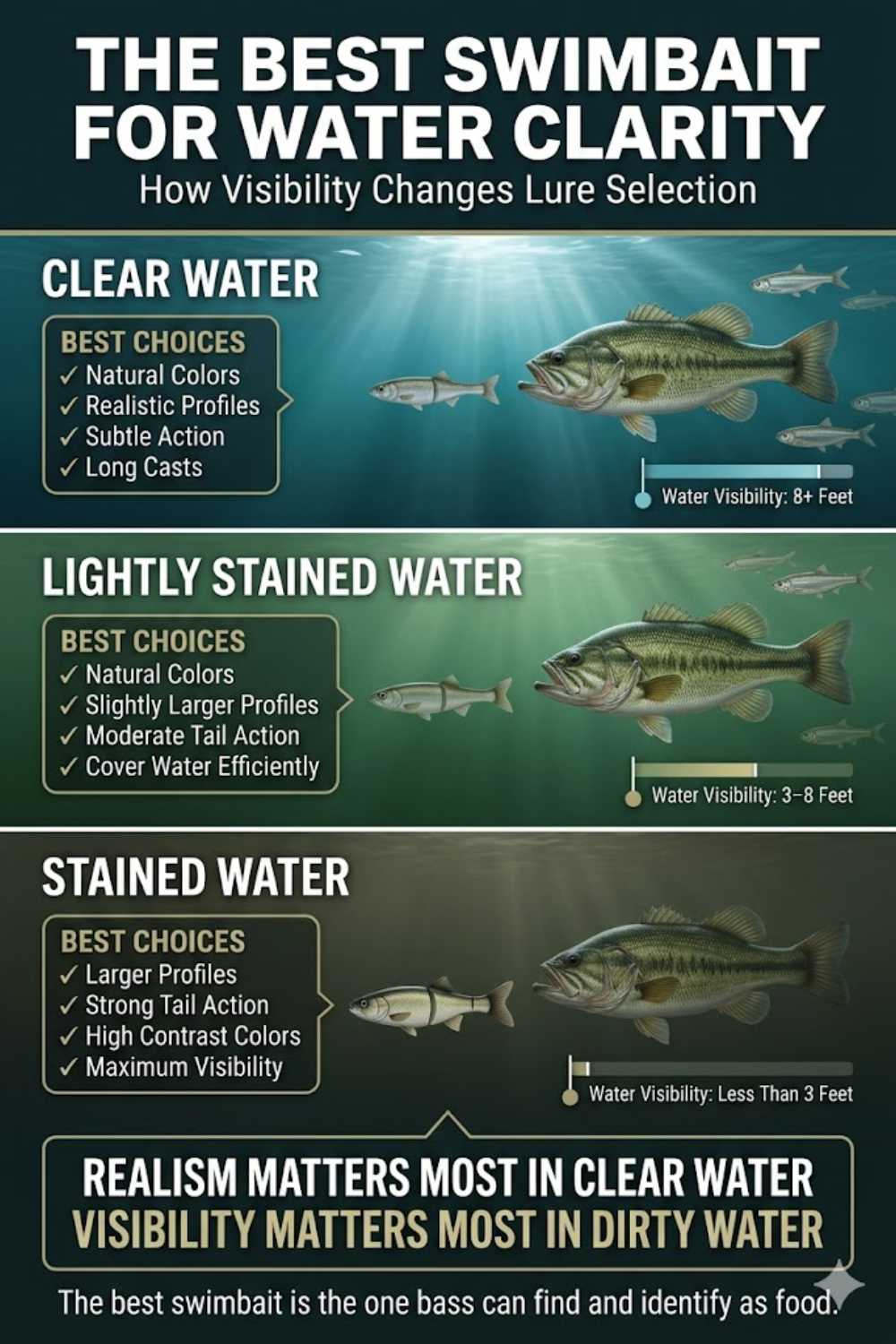 Swimbait color selection guide for clear, stained, and muddy water bass fishing