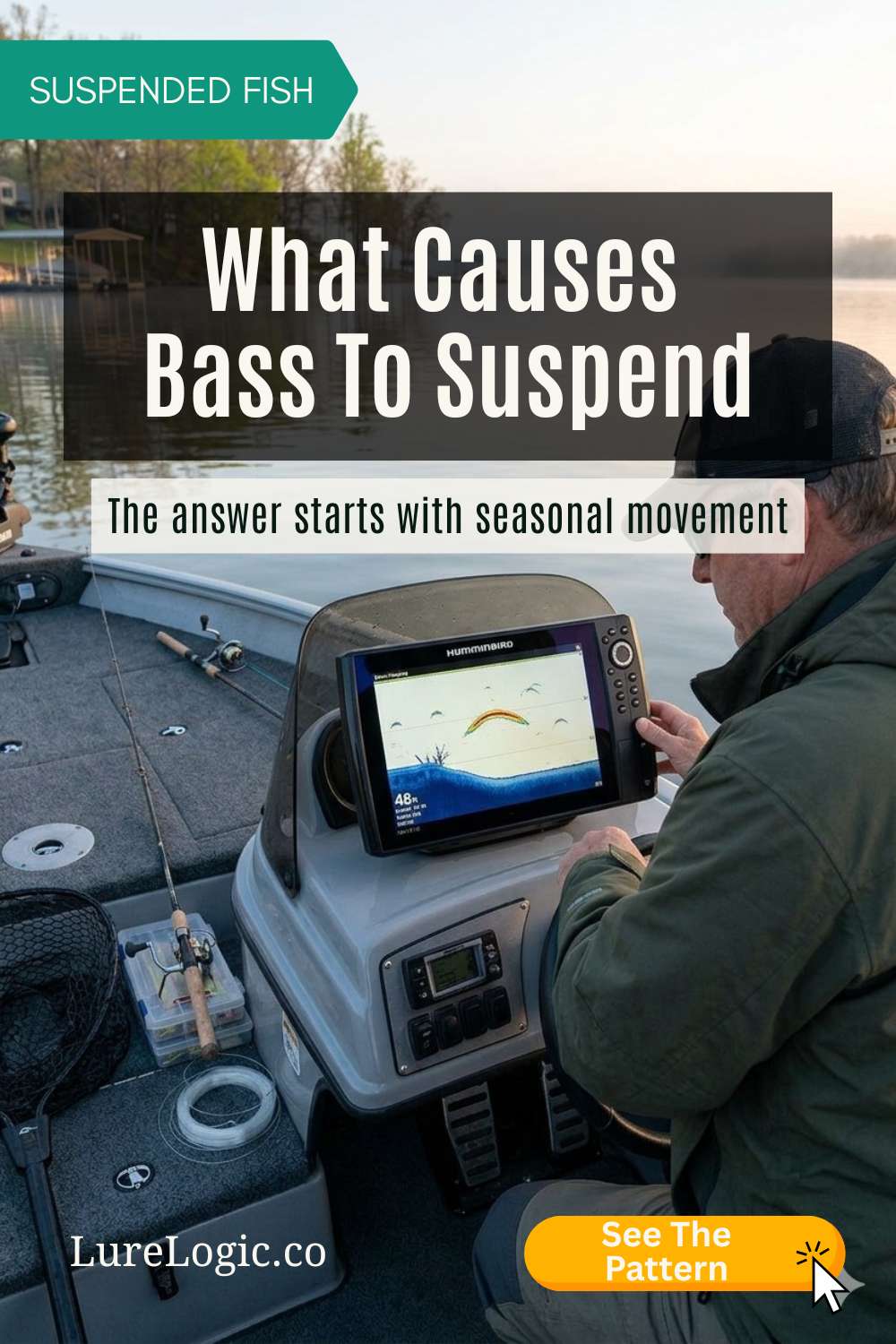 Angler watching sonar over suspended fish during calm spring conditions