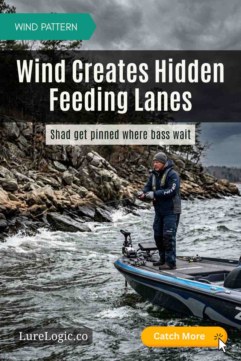 Bass boat fishing whitecapped windy rocky bank on cloudy lake